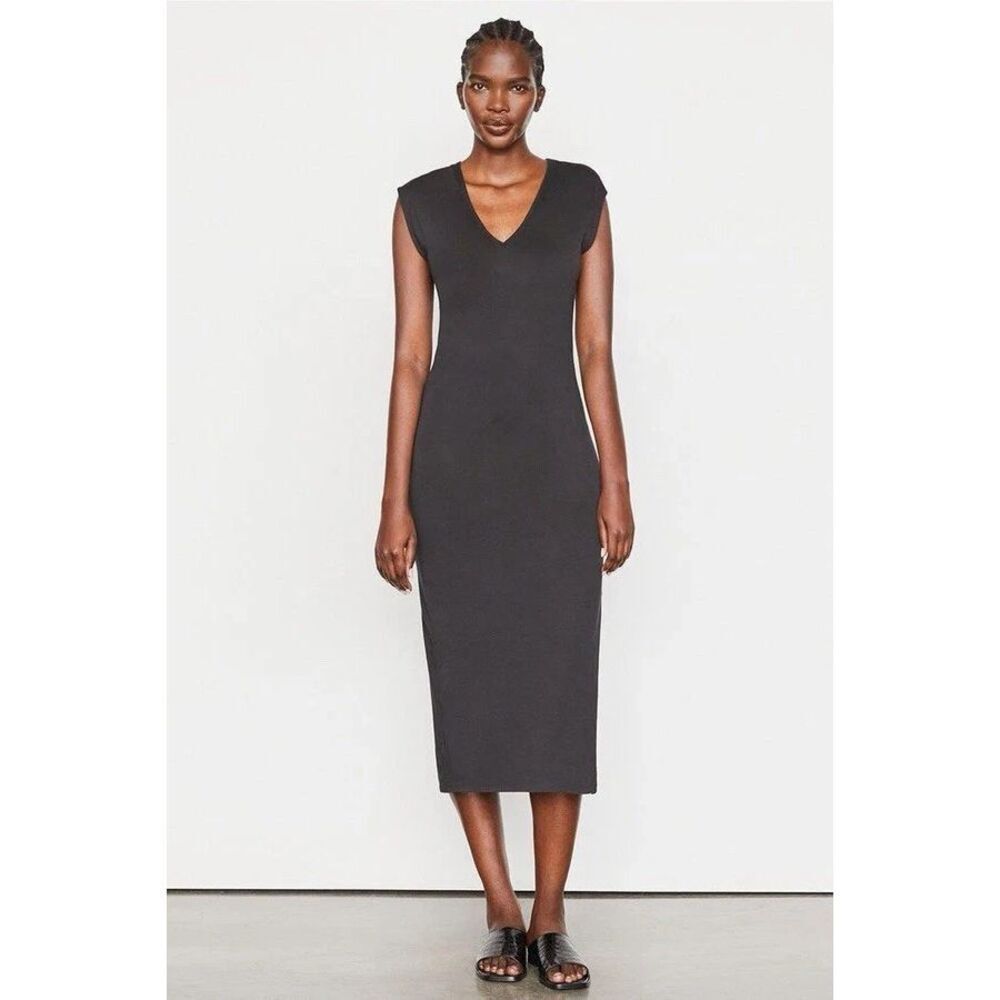 FRAME Le Muscle Maxi Dress Black Organic Pima Cotton V-Neck Quiet Luxury Small
